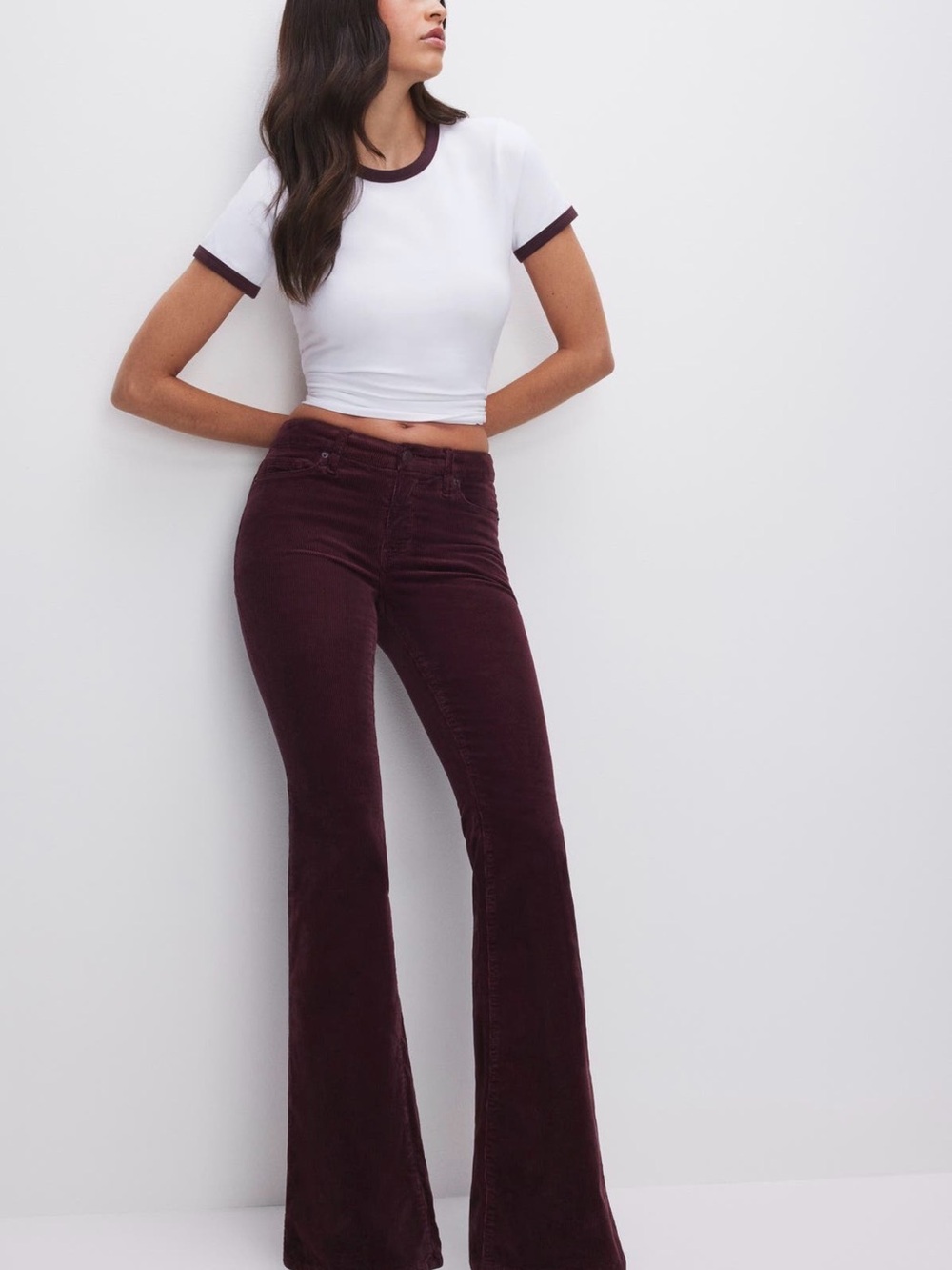 Good American High-Rise Bootcut Velvet Pants in Deep Wine